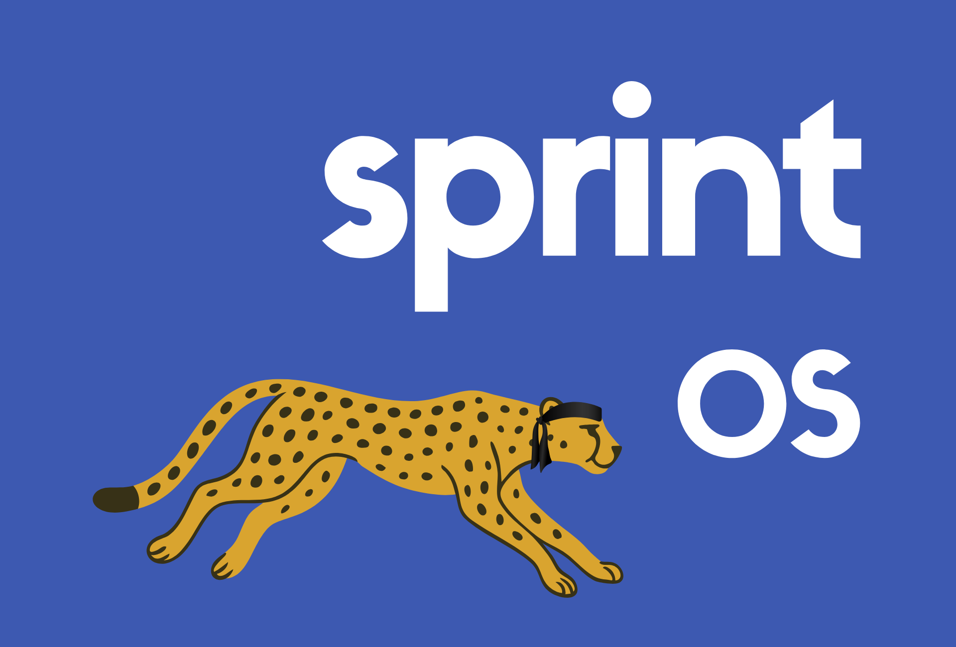 SprintOS Logo: ein rennender Gepard mit schwarzem Stirnband neben dem Schriftzug sprint OS